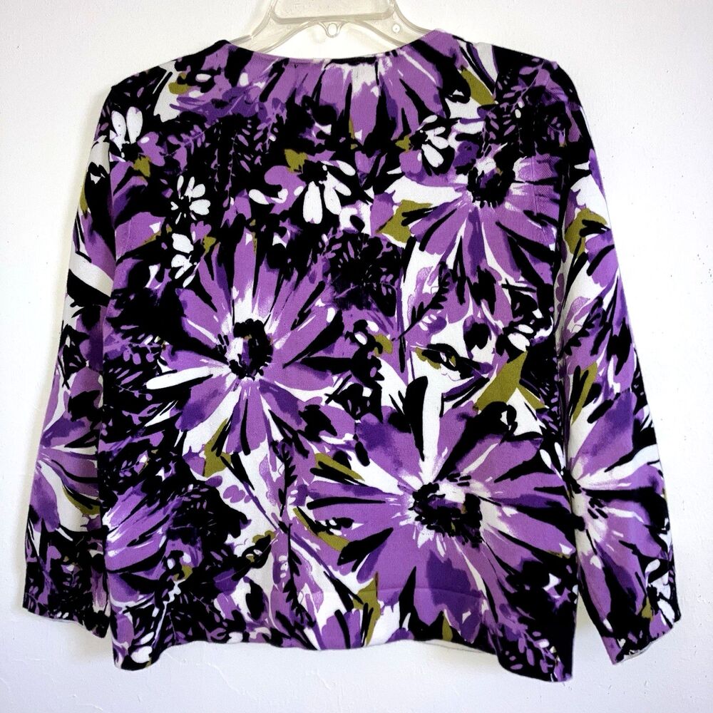 STYLE & CO sz L Purple Floral Rhinestone Smooth Knit Cardigan Top Green - Picture 5 of 5
